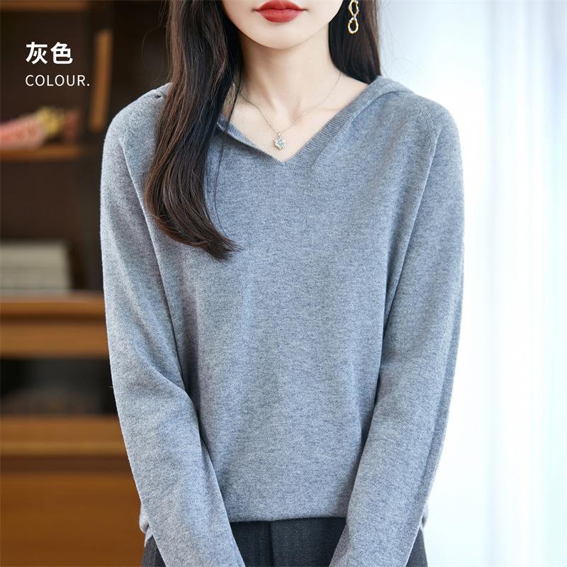 V-neck Hooded Knitted Sweater for Autumn and Winter Warm Hoodie Sweater for Women