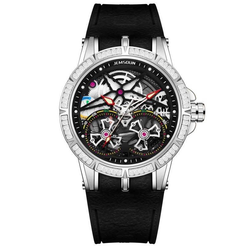 Men Luxury Rainbow Zircon Bezel Skeleton Quartz Watch Luminous Hands Waterproof Silicone Strap Hip Hop Sport Wristwatch Male Gift Clock