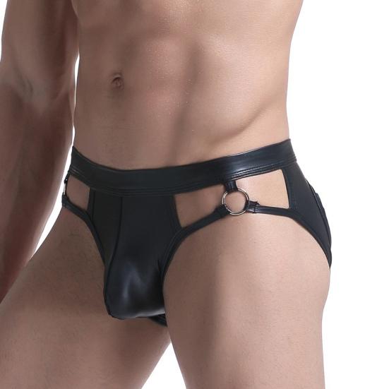 Elastic Waistband Thin Faux Leather Men Thong Sexy U Convex Low Waist Hip