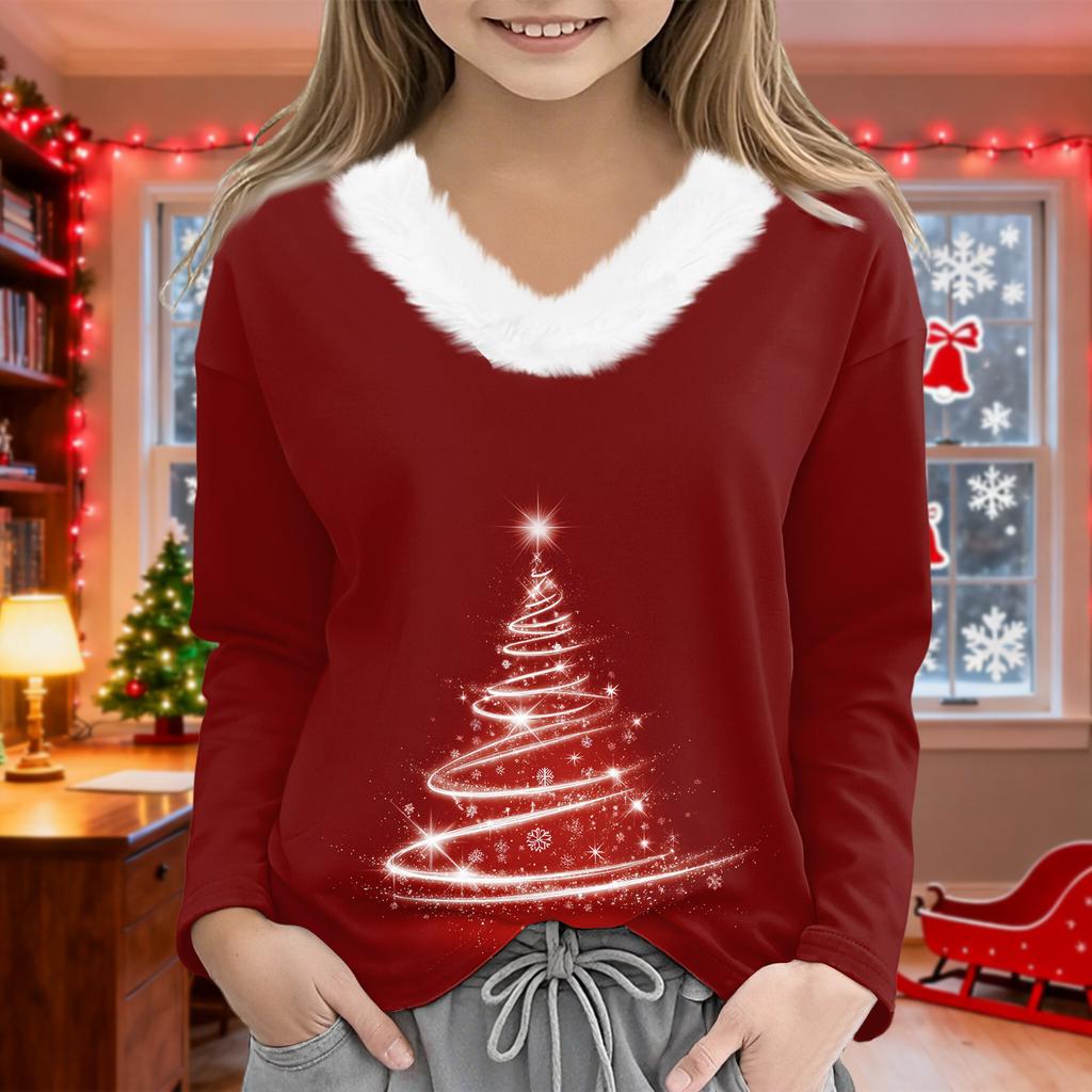 Christmas Day Girls Long Sleeve T Shirts Kids Girls' V-Neck Tee Christmas Print Long Sleeve Top