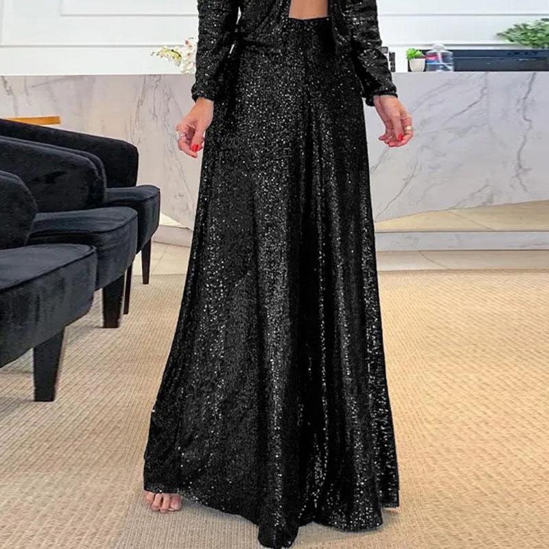 Elegant Shinny Sequin Long Pants Women Fashion High Waist Draped Loose Trousers Spring Autumn Casual Wide Leg Solid Color Party Pant