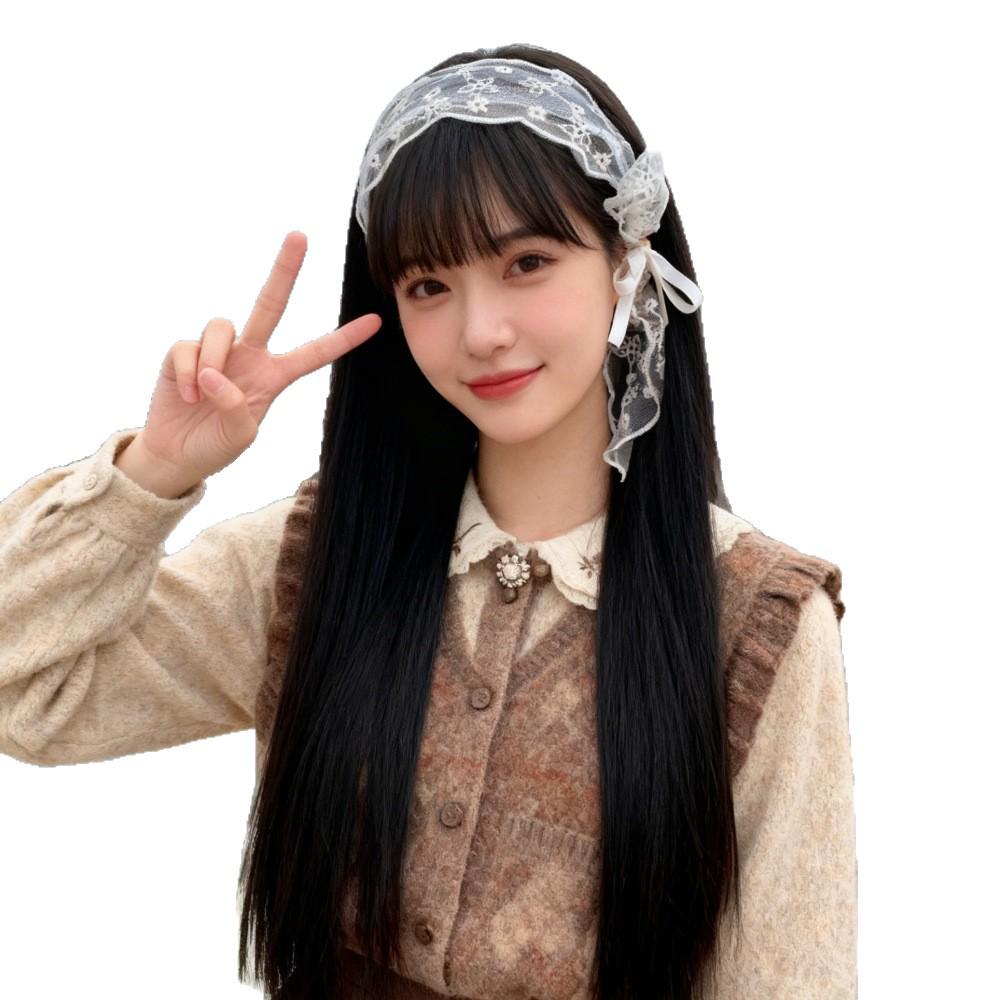 Douyin Lace Bow Headband Long Straight Wig for Girls - Black Full Cover Hairstyle