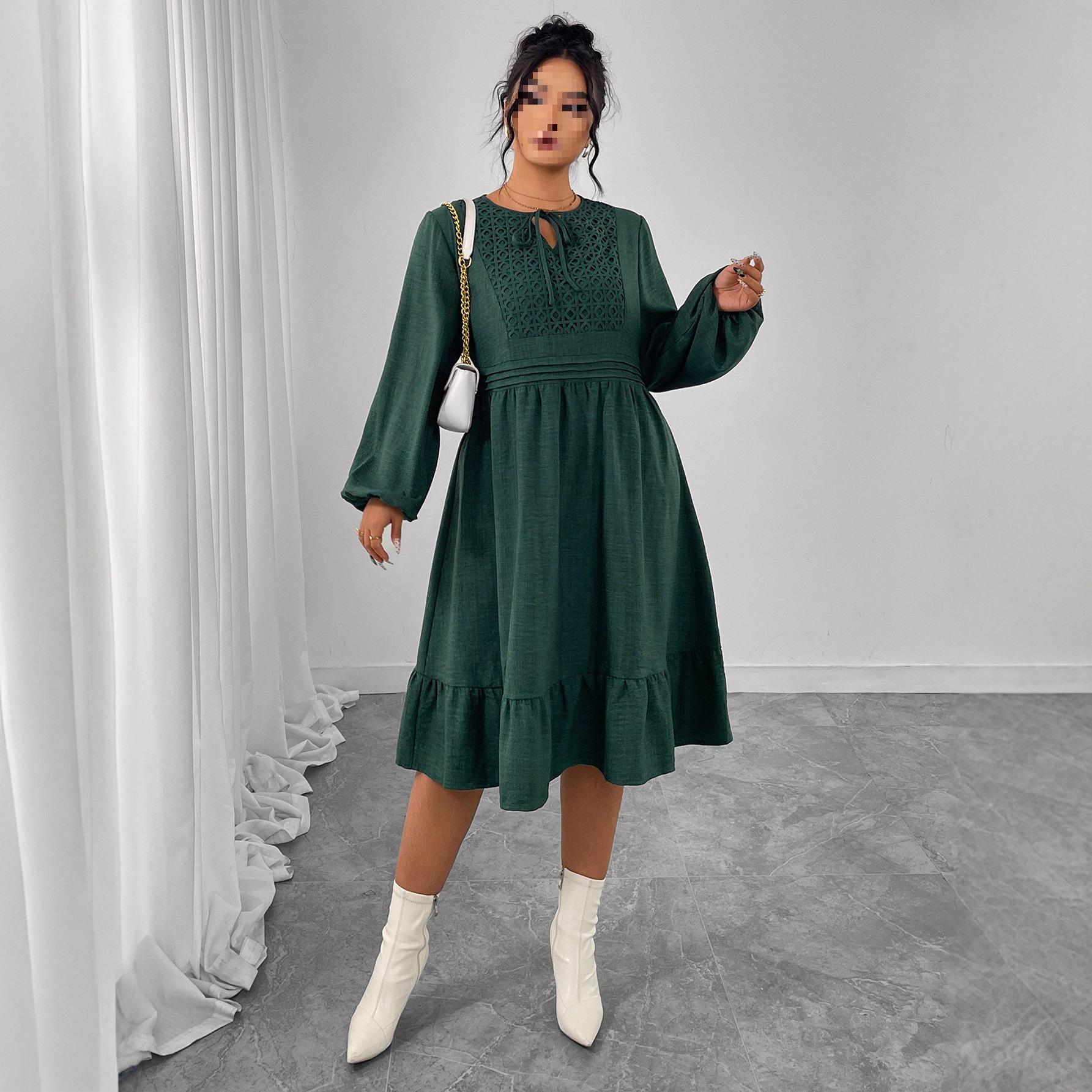 

New Patchwork Cotton Linen Dress with Bubble Sleeves and High Waist XL зелений