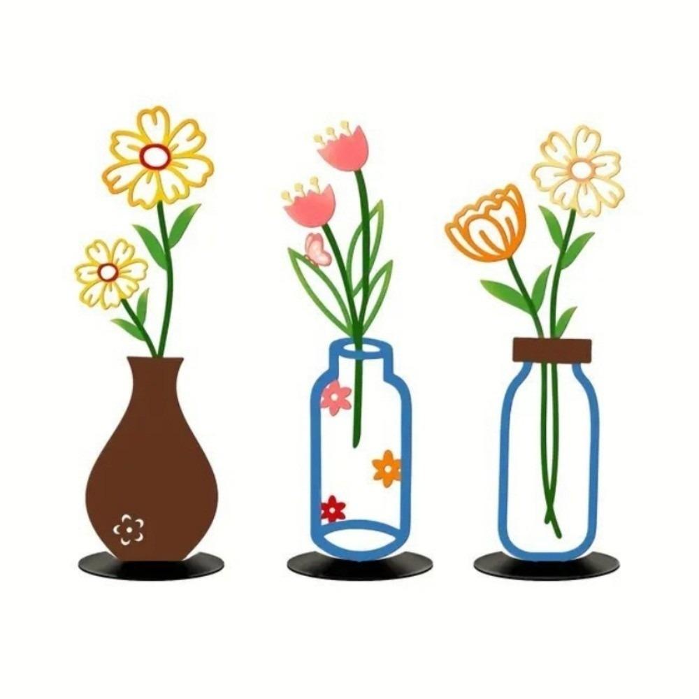 3pcs Creative 2D Vase Iron Shelf Desktop Decoration Exquisite Flower Vase Ornaments  Bedroom Decor Style 1