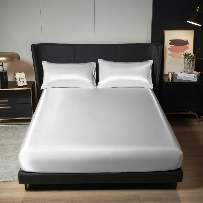 1Pc Satin Fitted Sheet Solid Colour Twin Full Queen Ice Silk Mattress Cover Natural With Elastic Band Bed Sheet (No Pillowcase)