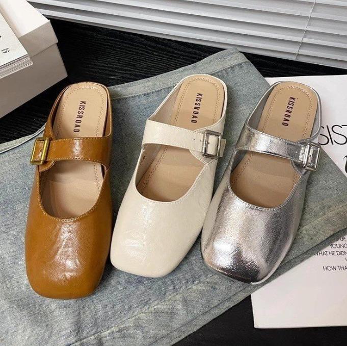 Temperament Square Head Mary Jane Shoes Women's Autumn 2025 New Light Mouth Bag Head Half Slippers Low Heel French Flat Bottom Half Tray