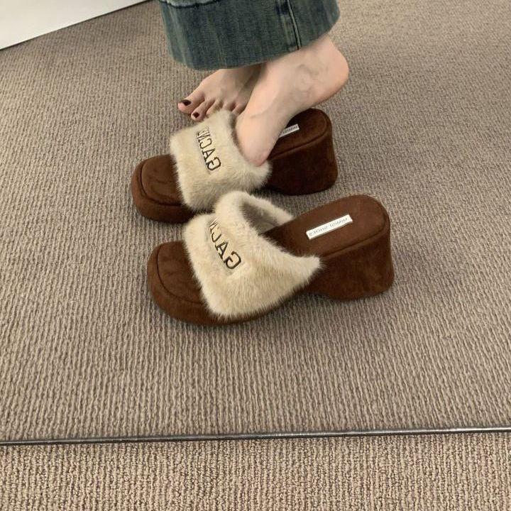 Internet celebrity explosion fairy wind letter word with mink hair hair slippers women wear thick-soled wedge heel heightening cotton shoes