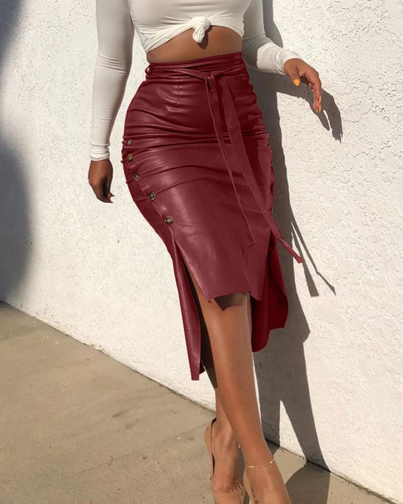 Europeisk & Amerikansk Lær Splitt Bodycon Midi Skjørt - Dames Slim Fit PU Skjørt
