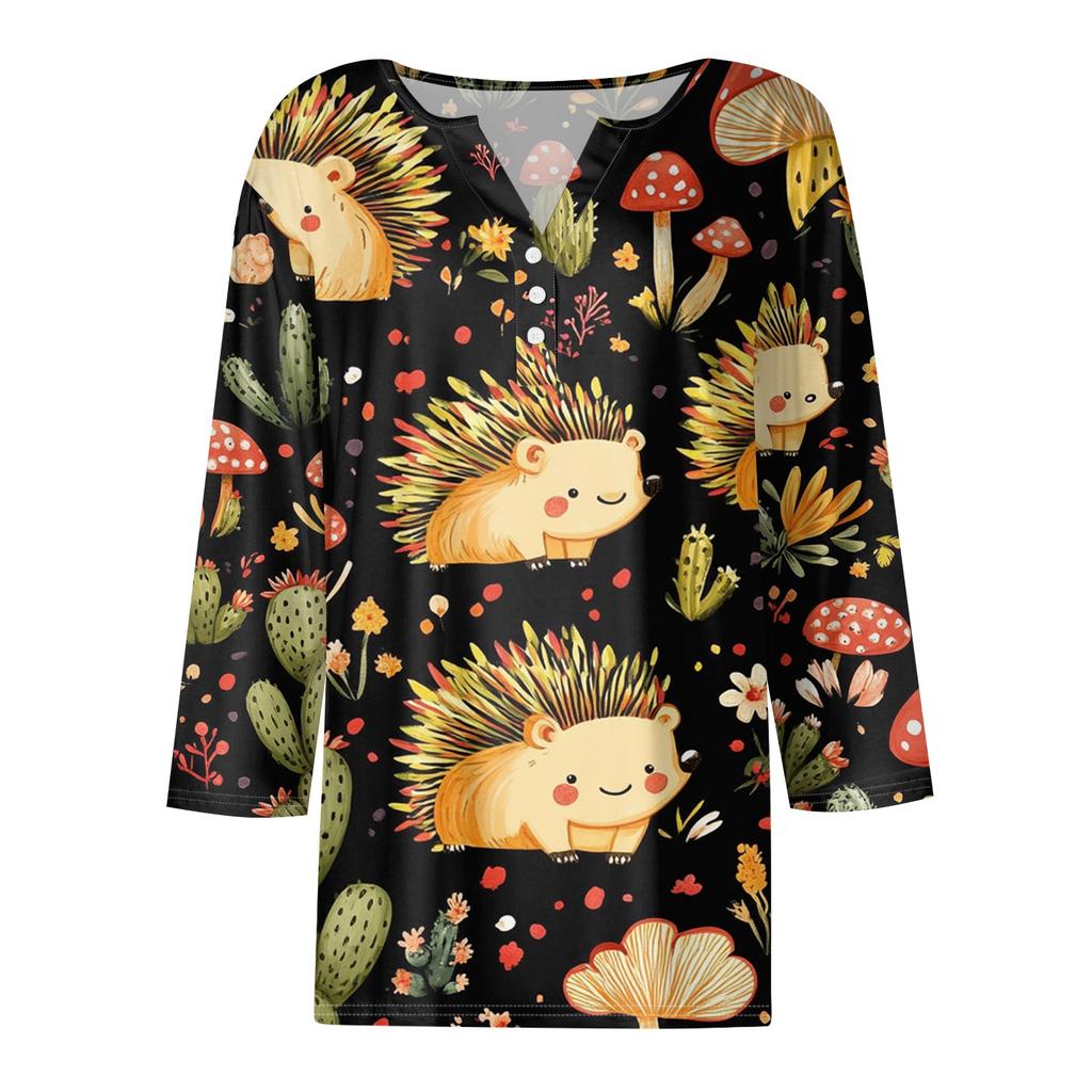 Women's Fashion Button V-Neck Seven Sleeve Cute Animal Print Casual Top