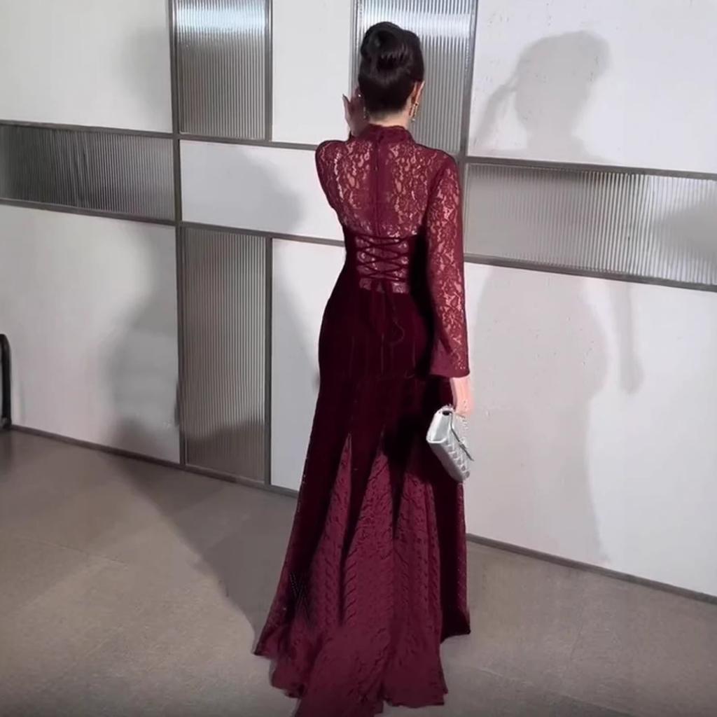 Fall Winter Women's Vintage Elegant Velvet Long Sleeve Lace Patchwork Round Neck Evening Party Dress