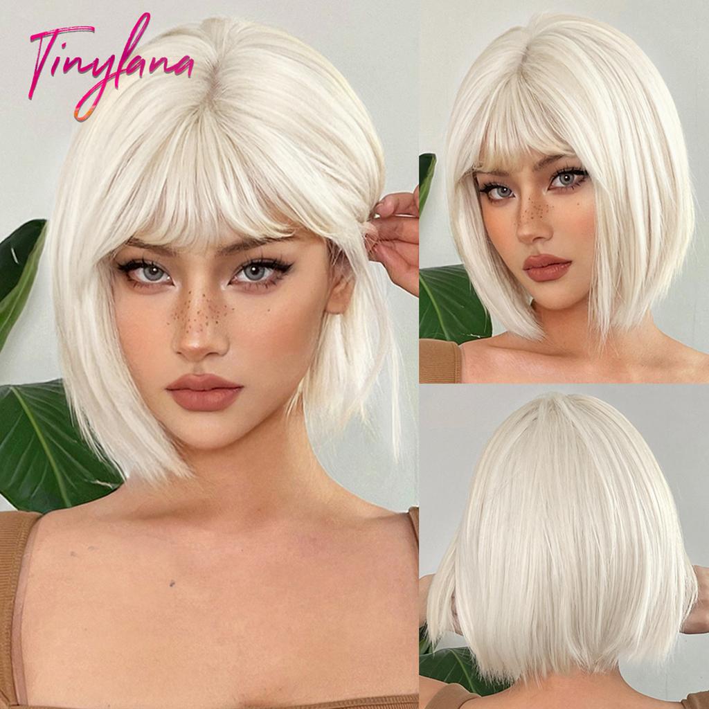 Dark Brown Short Bob Synthetic Hair Wigs with Bangs Straight Cosplay Lolita Natural Wig for Women Afro Blunt Cut Heat Resistant