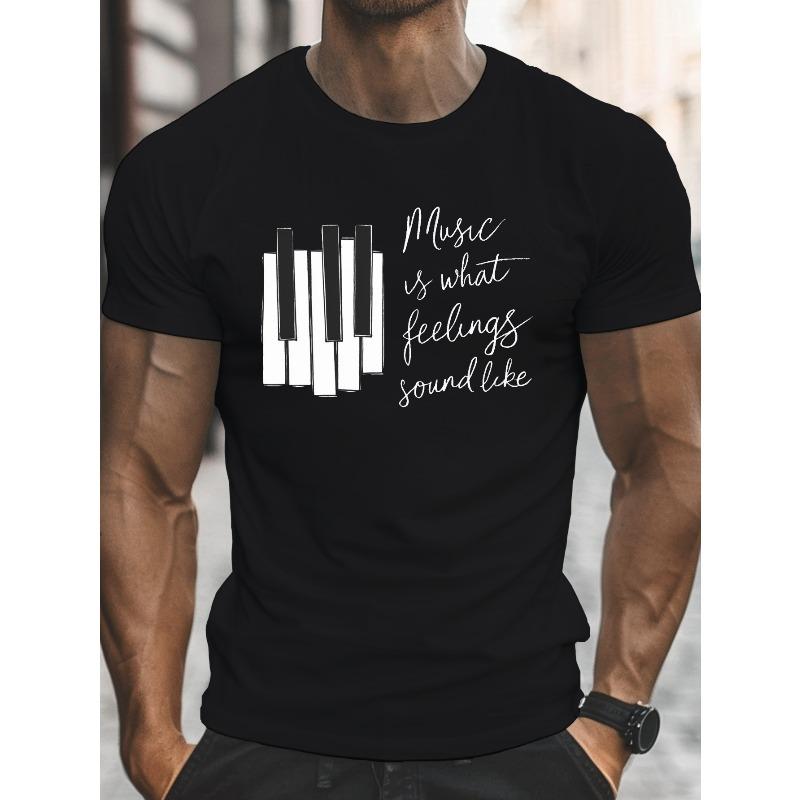 European sizes Men'S Casual Crew Neck T-Shirt with Simplified Piano Keyboard Print,Slight Stretch, Regular Fit, Lightweight Summer Top - 150gsm