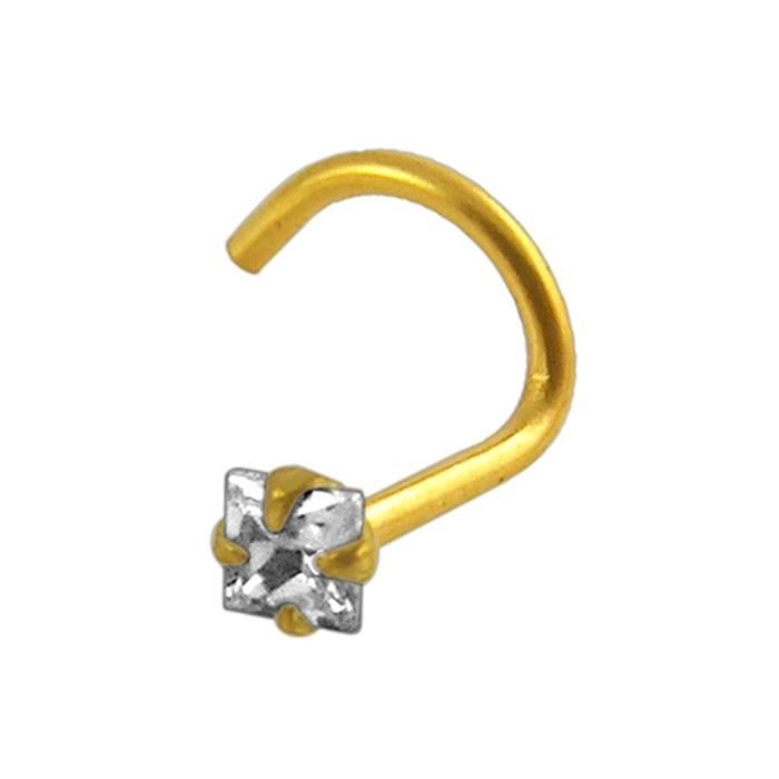 18 Karat massiver Gelbgold-Schraub-Nasenstecker-Schmuck | 2,5 mm quadratischer CZ-Zirkon-Diamant-Brokat mit 4 Zinken