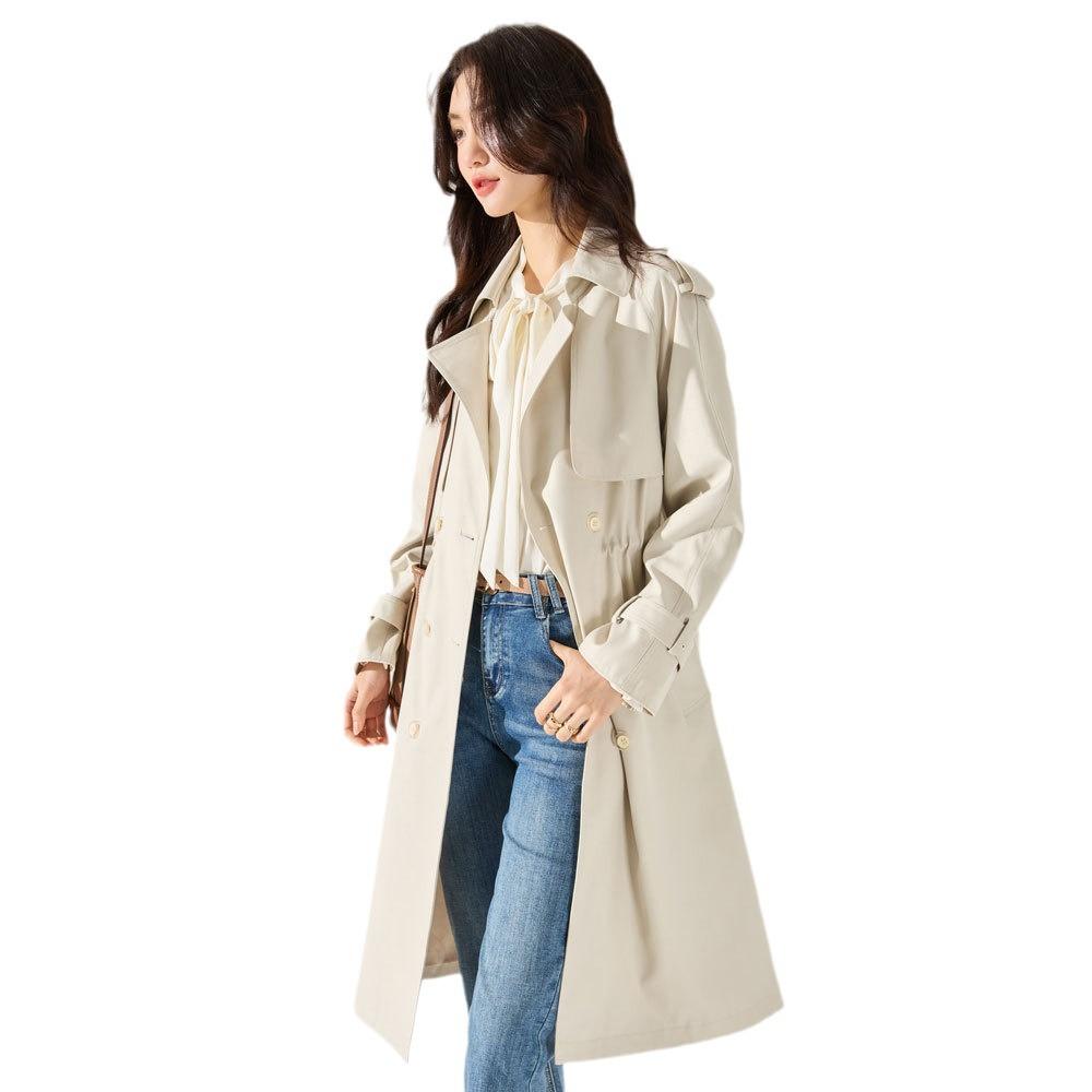Classic shoulder plug thin cotton drawstring waist medium and long lapel temperament elegant crisp trench coat 23227