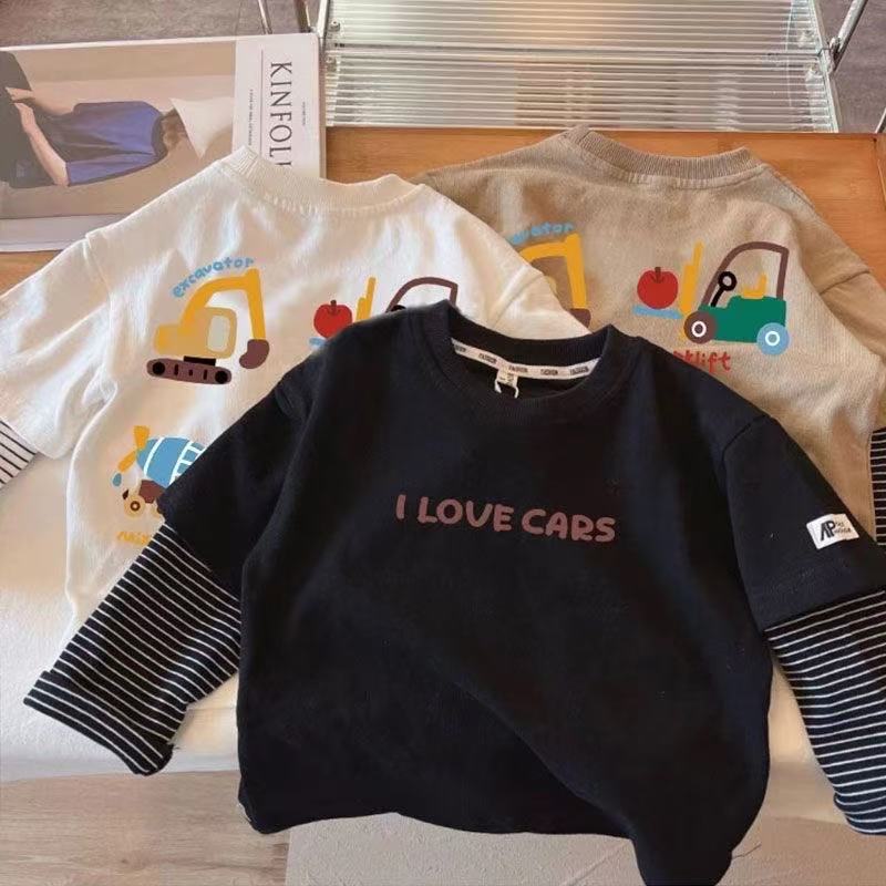 Boys Cotton Long Sleeve T Shirt with Excavator Car Print Mock Layered Base Top