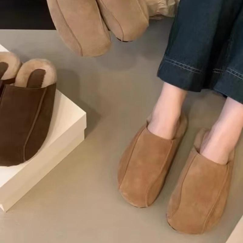2025 Autumn/Winter New Style One Step Flat Bottom Versatile Casual Retro Baotou Half Slippers Women's Hairy Slippers