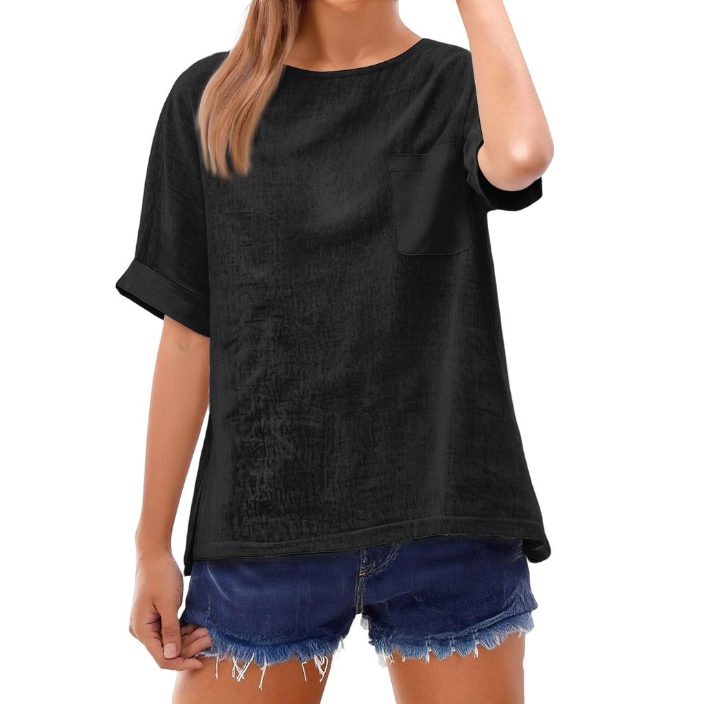 Fashionable Color Short Sleeve T-Shirt With Pocket Design, Fashionable Round Neck Lightweight Top For Women