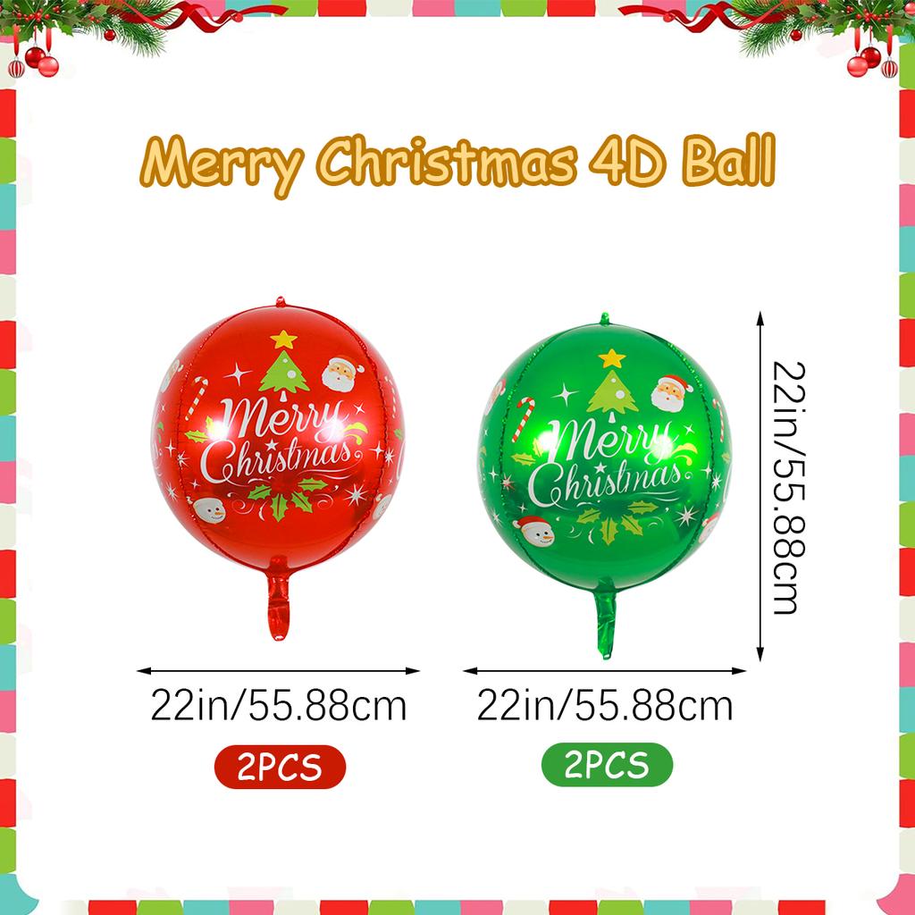 2/4 Frohe Weihnachten rot grün 4D Ballons, Weihnachtsfeier Dekorationen, Feiertagsrequisiten, Weihnachtsbaumkugeln, Neujahrsparty