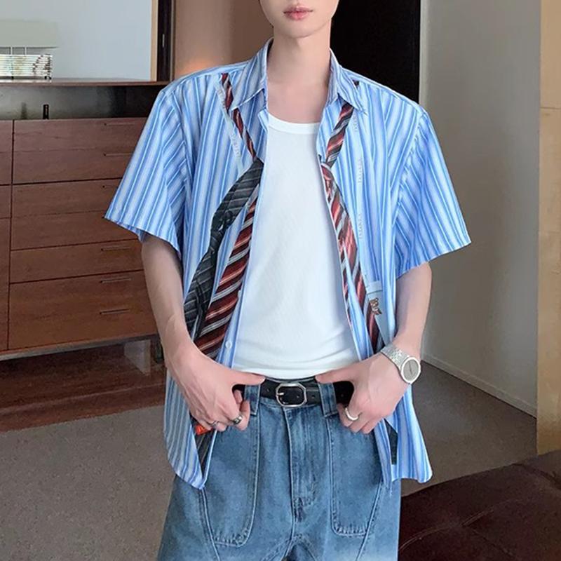 

INCERUN Men Lapel Neck Short Sleeve Tie Striped Print Casual Loose T-shirts Shirts 5XL синий