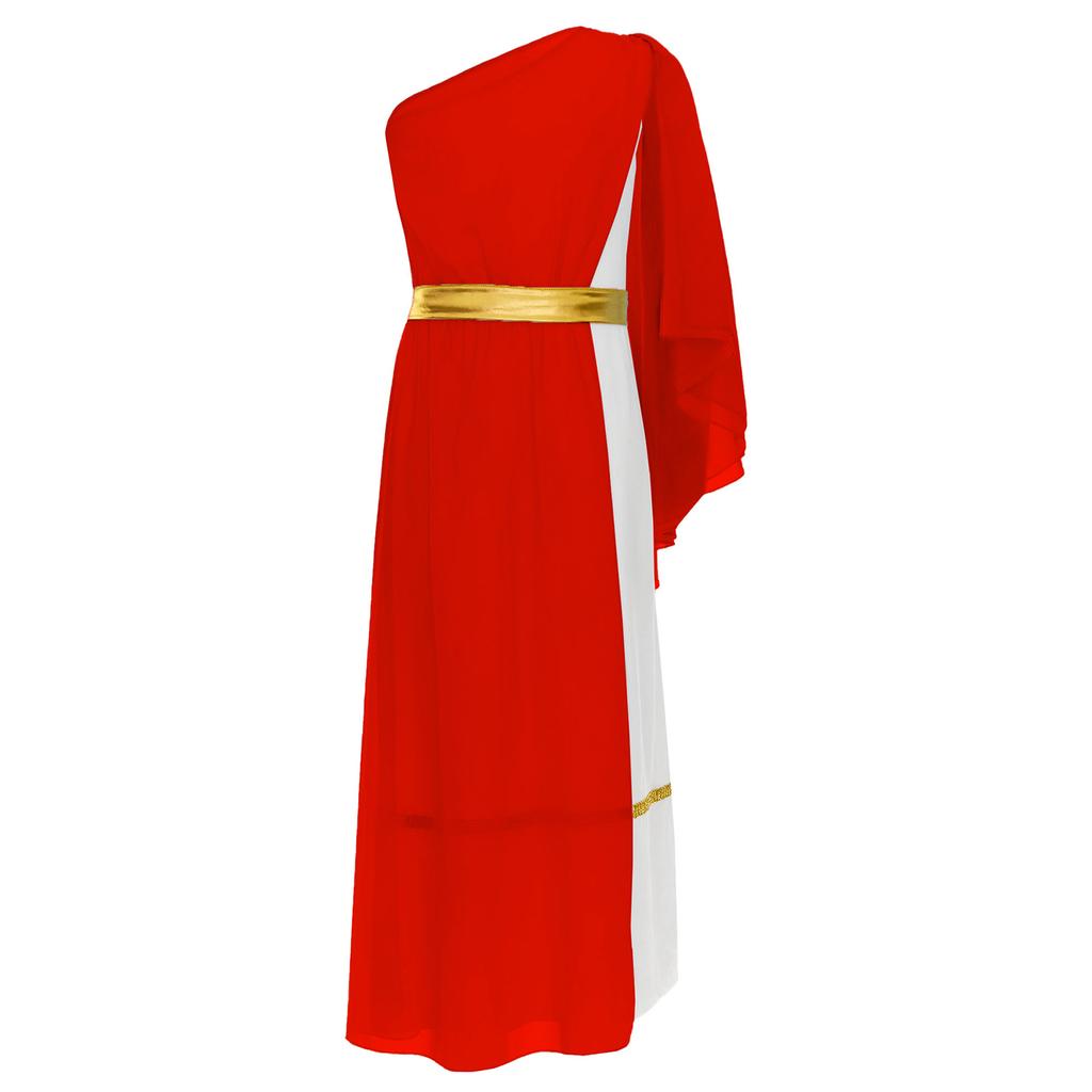 Girls Ancient Greek Roman Costume Single Shoulder Tulle Shawl Patchwork Flowy Dress Waistband Toga Party Outfit