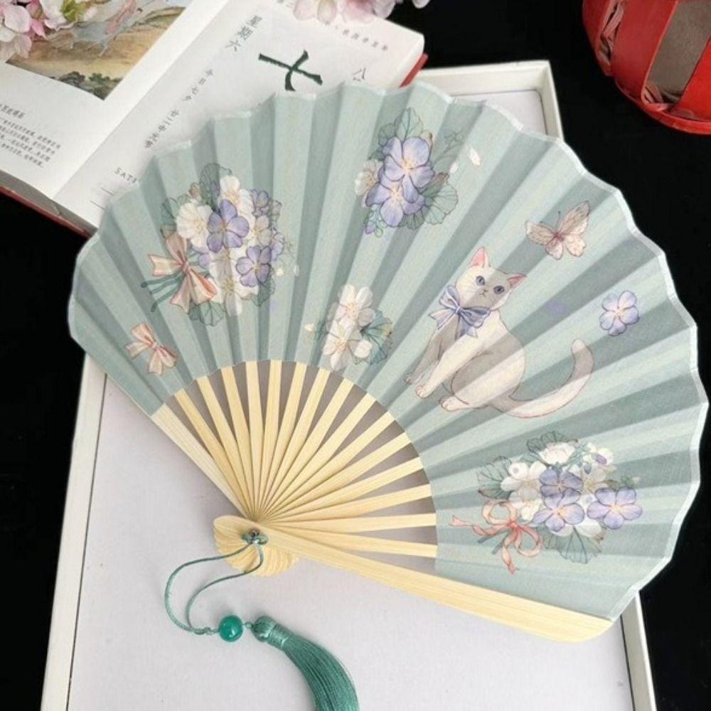 Cute Retro Folding Fan Japanese Style Cartoon Decorative Fan Shell Shape with Tassels Hand Cranked Fan Dance Performance