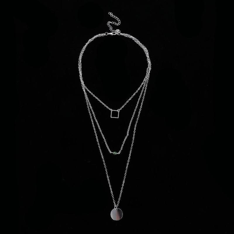 European American Fashion Jewelry Square Multi-layernecklacemetal Concave Roundcrystalnecklacefemale