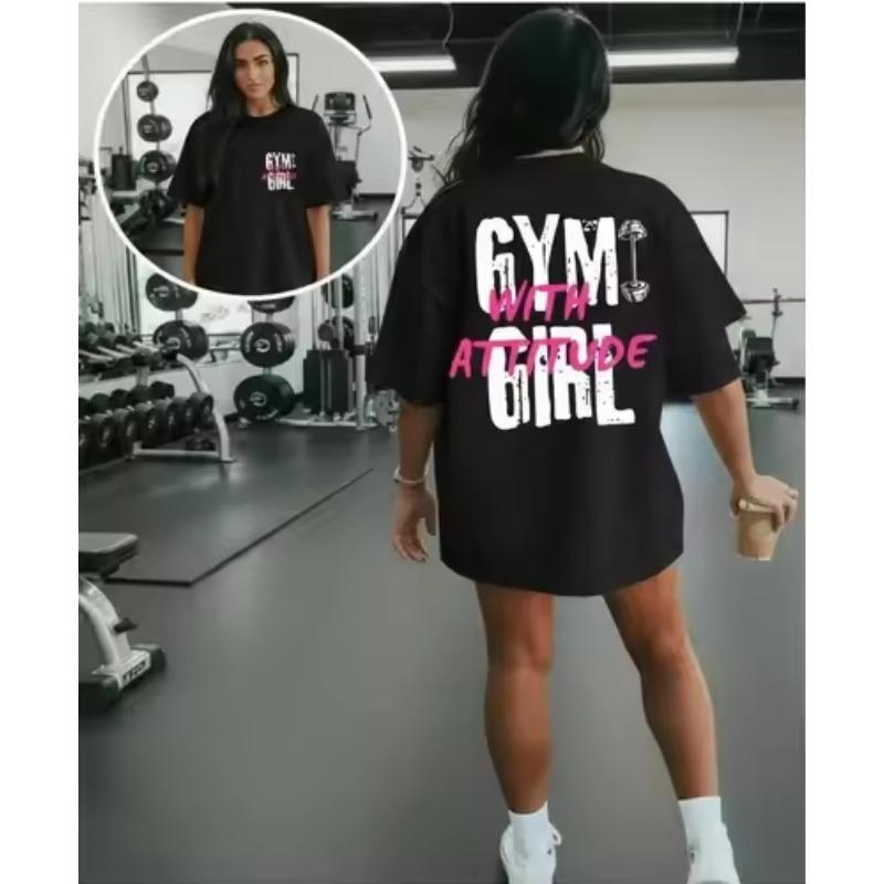 

Unisex WomenS Gym with Attitude Graphic Tee Black Casual Knit TShirt with Pink White Letter Print Short Sleeve Round Neck 2026 S