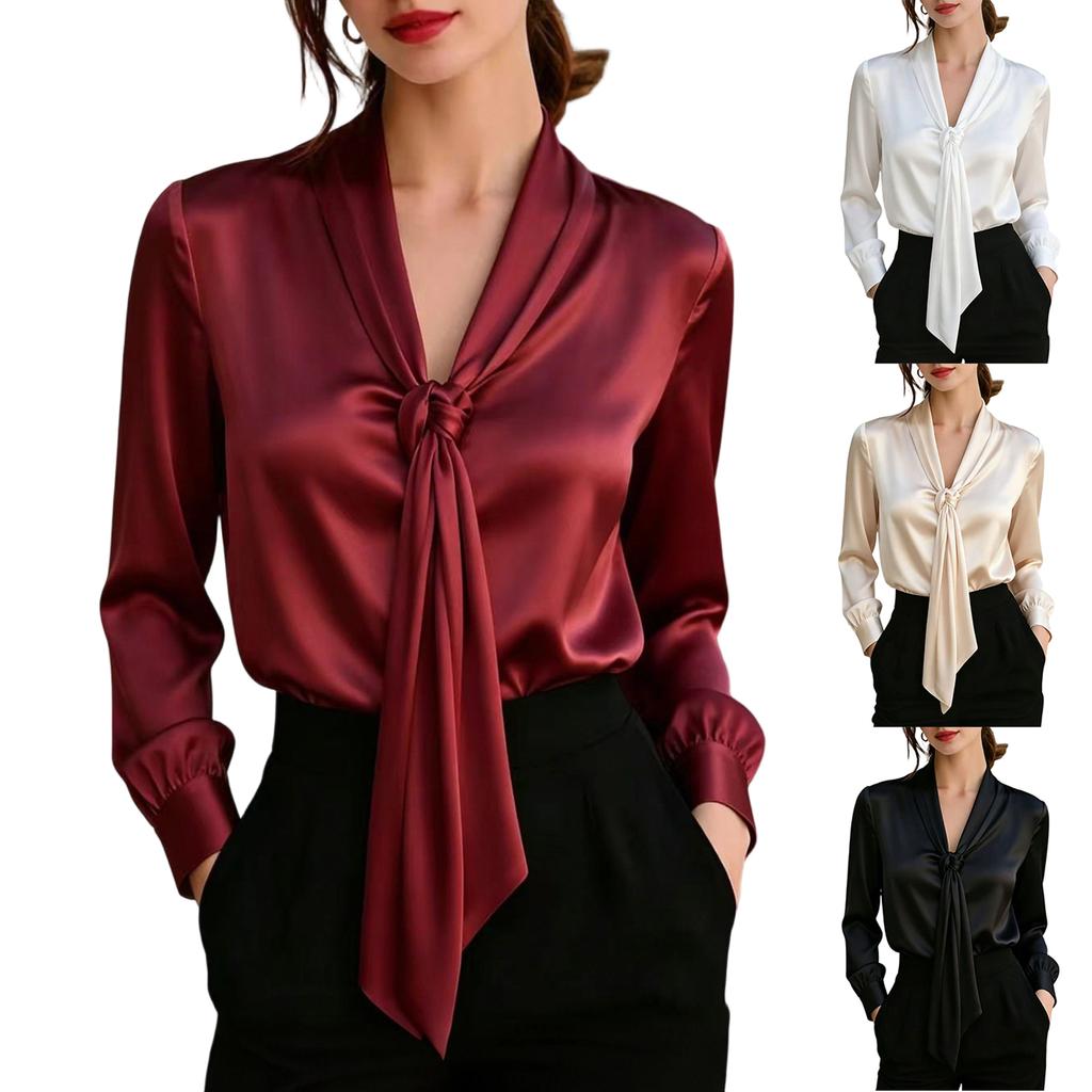 Women's Satin Blouse with Tie Front V-Neck Long Sleeve for Work and Casual Wear