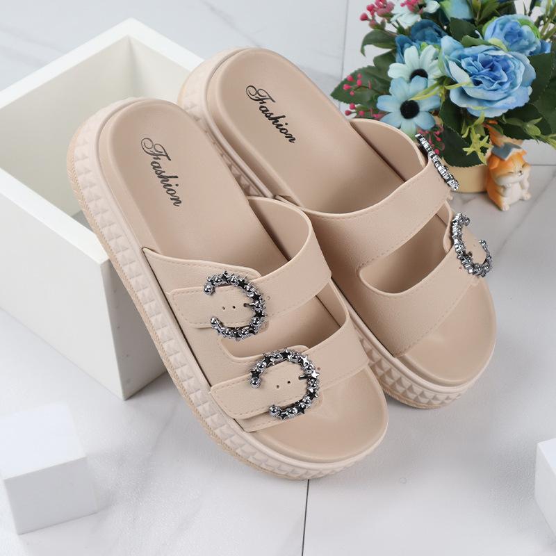 Women's Slippers Summer New Thick Bottom Round Head Hollow Rhinestone Sandals Casual Comfort Increase Wear Slippers