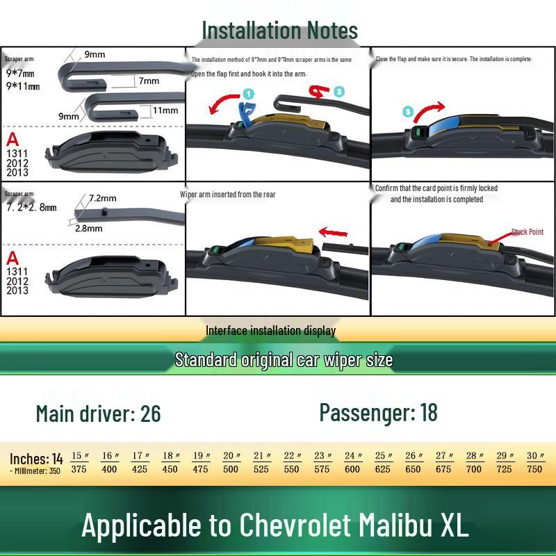 Compatible Chevrolet Malibu/XL Frameless Silent Wiper Blade with Rubber Strip