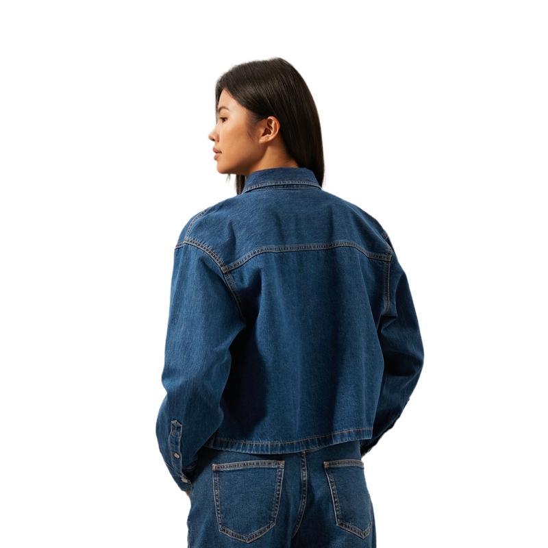 Calvin Klein Cotton Vintage Minimalist Pocket Loose Short Denim Shirt Women Shirts Denim-Blue J224416