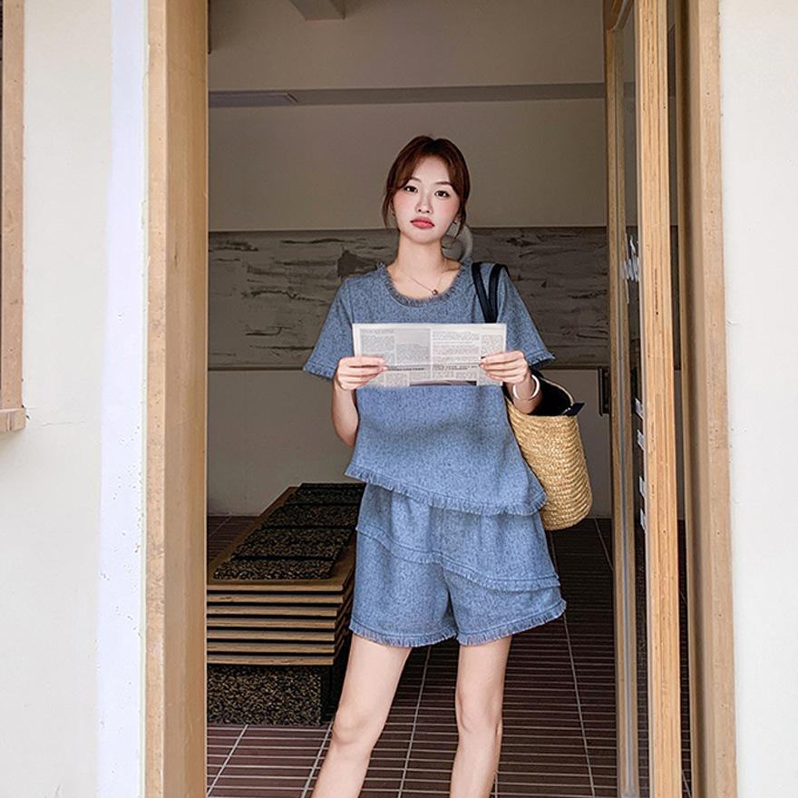 

Кисточка серый топ шорты комплект женский летний новый популярный комплект из двух предметов S синий