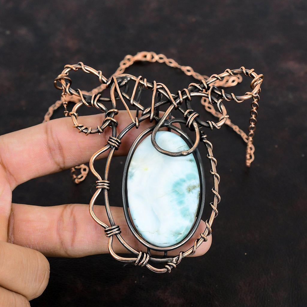 Larimar Gemstone Necklace Copper Wire Wrapped Jewelry Copper Necklace Handmade Jewelry Adjustable Necklace Wire Wrap Necklace Gifts For Wife