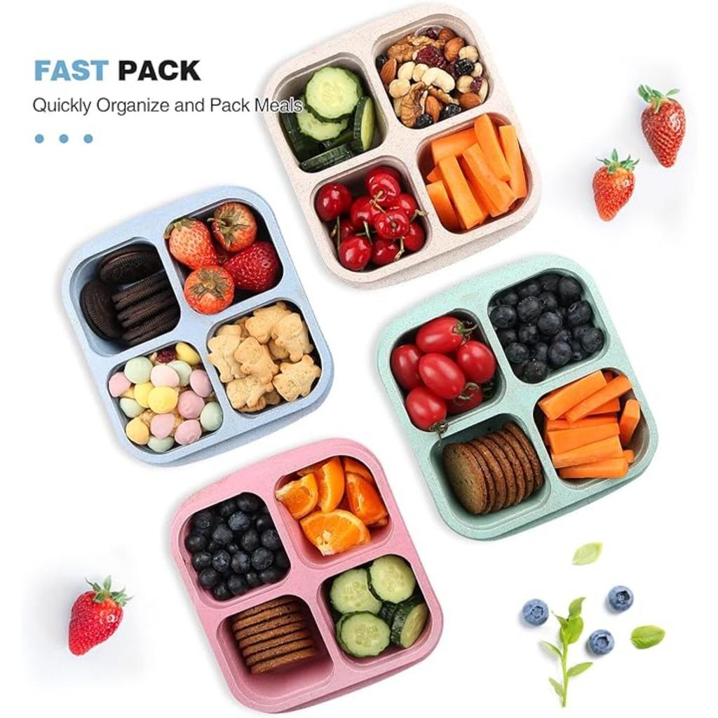 4 Pack Snack Containers, 4 Compartments Bento Snack Box, Reusable Meal Prep Lunch Containers Divided Food Storage Containers for School Work Travel
