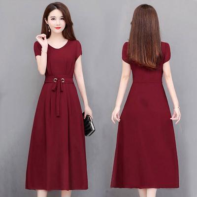 Woman Summer Pure Color Short Sleeves Mid-length Waisted Lace-up Dress