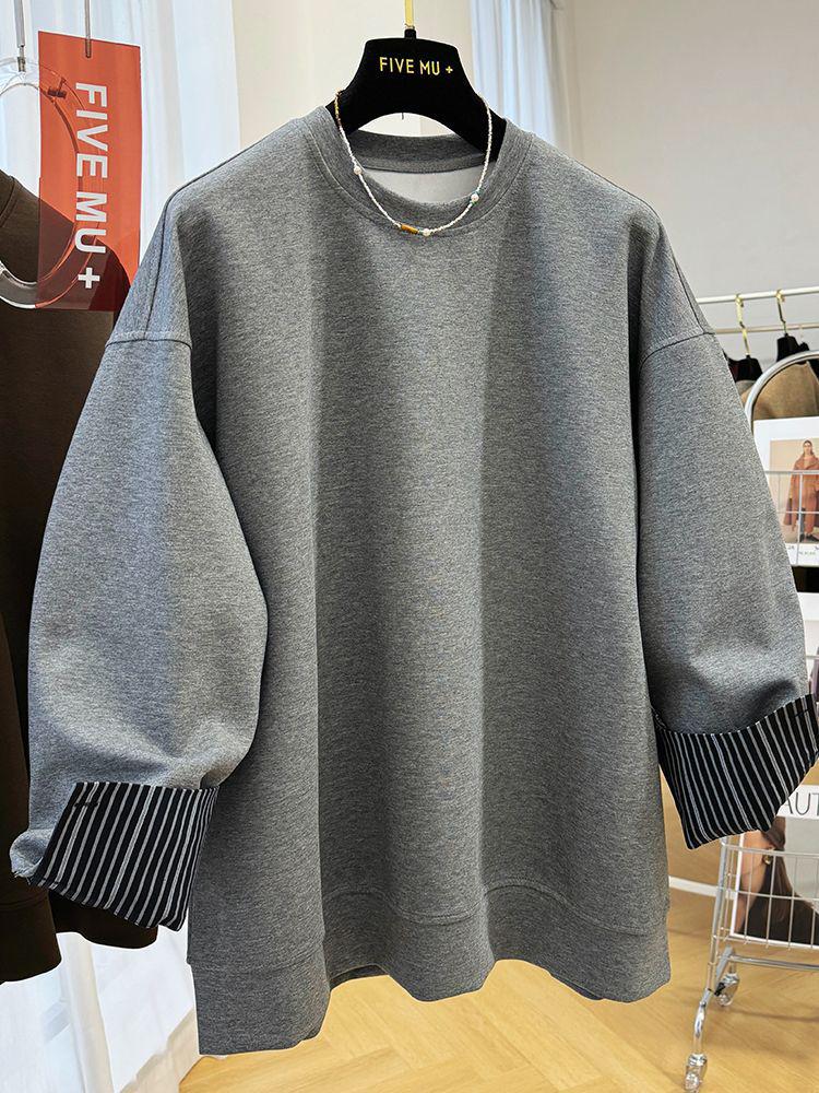 Damen Chic Samt Patchwork Zweiteiliger Look Sweatshirt: Gemütliches, Entspanntes Herbst-/Winter-Oberteil mit Rundhalsausschnitt
