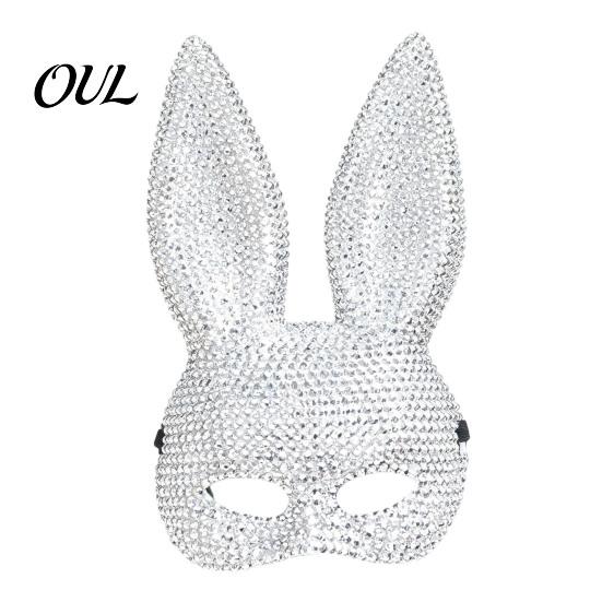 Festival Performance Props Disco Mirror Rhinestone Rabbit Mask, Sparkly Glitter Bunny Face Mask Cute Cosplay Ears for Halloween Party, Shiny