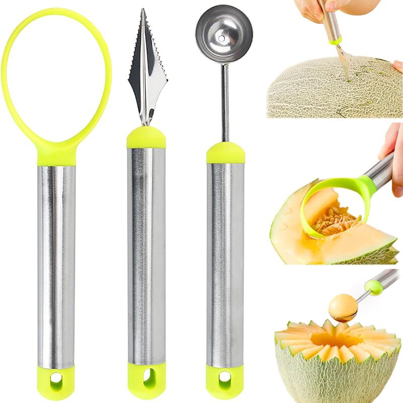 3in1 Fruit Ball Digger Watermelon Slicer Cutter Scoop Fruit Carving Knife Cutter Fruit Platter Fruit Dish Pulp Separator
