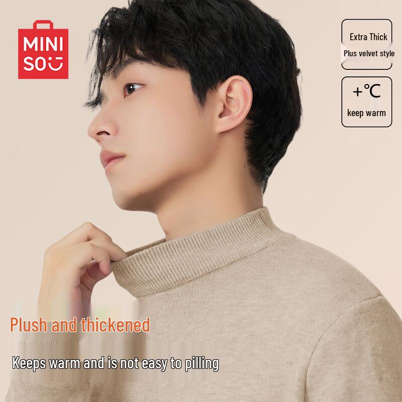 MINISO Men's Winter 2025 Anti-Pill Warm Semi-High Neck Fleece Lined Sweater