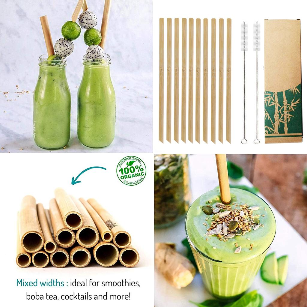 10Pcs Natural Bamboo Straw 20cm Reusable Drinking Straws with Cleaning Brush Eco-friendly Bamboo Cocktail Straws Bar Accessory