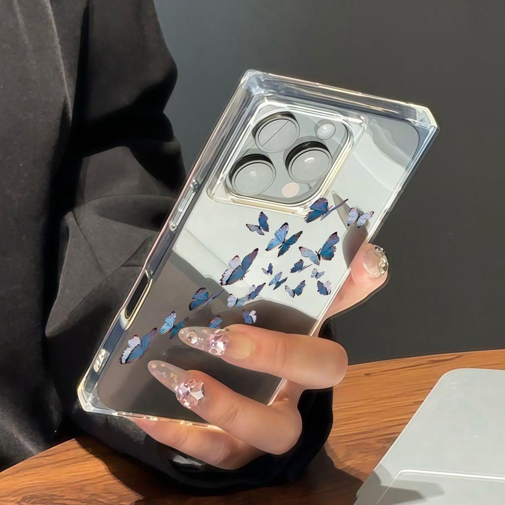 Transparent Square Back Tube Case Casing Protection For iPhone 13 12 11 16 ProMax 14 Pro Max 15 Plus Anti-Oxygen,Blue Butterfly Pattern