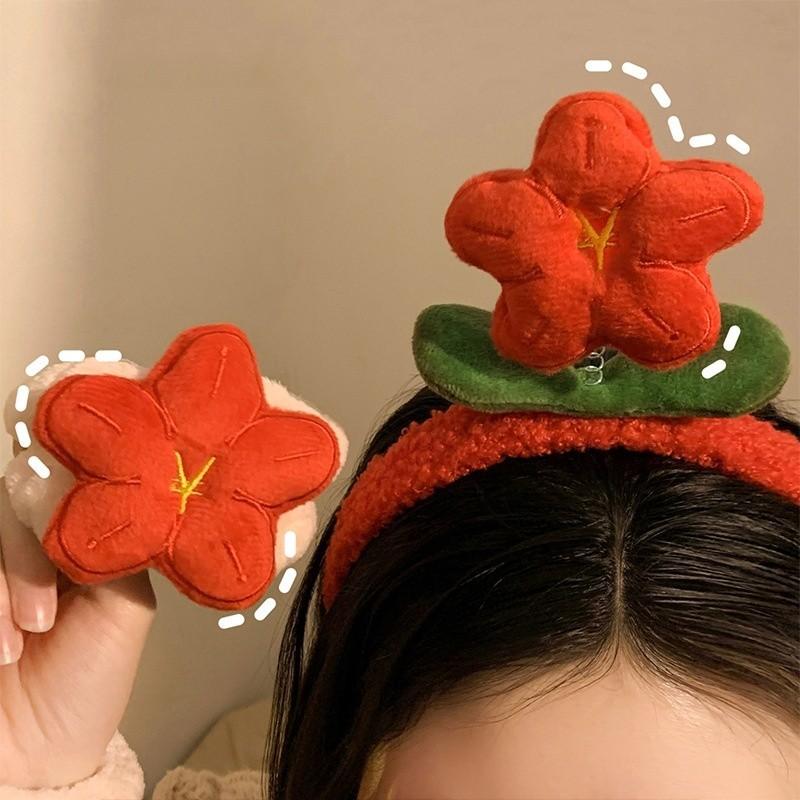 Cute Plush Flower Headband For Women Handmade Winter Wristband Set New Year Red Flower Hairband