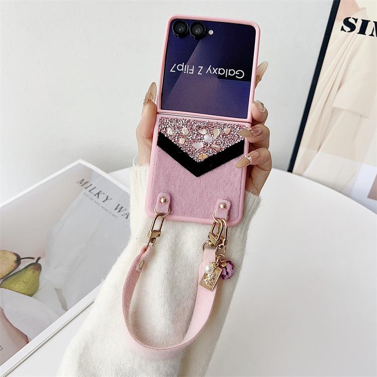 Applicable To Samsung ZFlip7 Splicing Rhinestone Mink Hair Mobile Phone Case ZFlip6 Portable Lanyard Folding Screen Protective Case