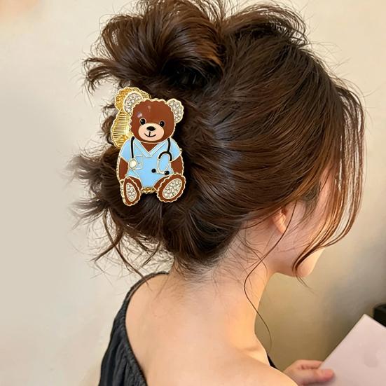 Hair Claw, Medium Size Metal Gripper with Anti-Slip Teeth, Medical Bear Design Shark Hair Clip for Medium-Long Hair Buns Half-Tied Hairstyles