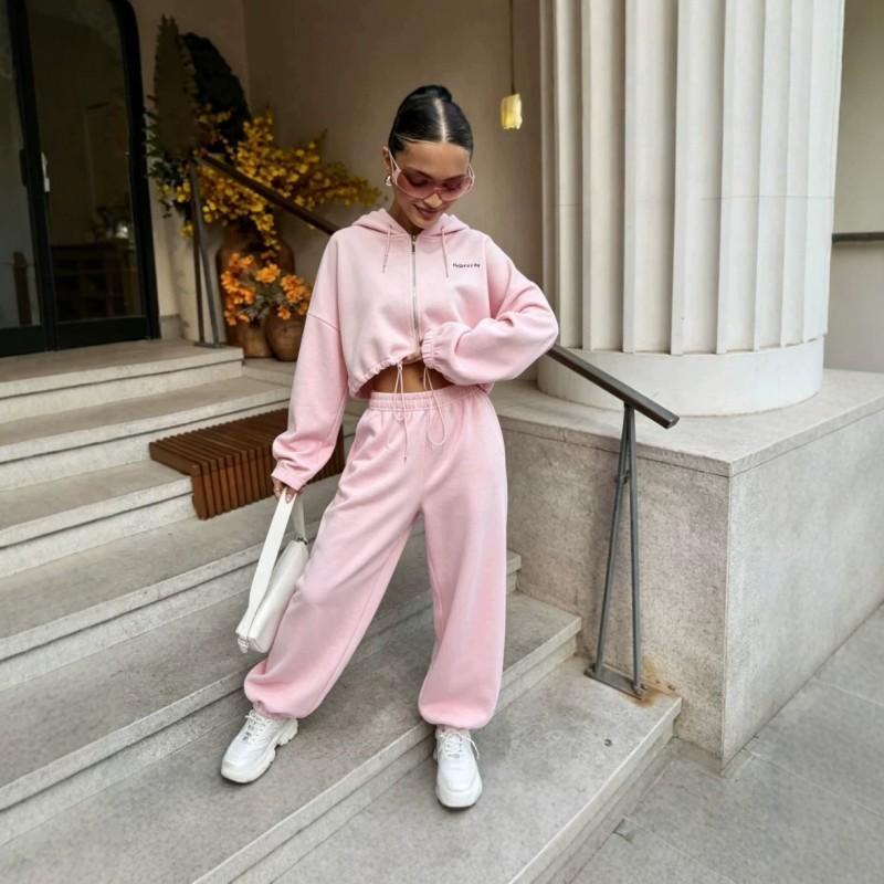Womens Short Hooded Zip Sweatshirt Set High Waist Pants Solid Color Casual Sportswear