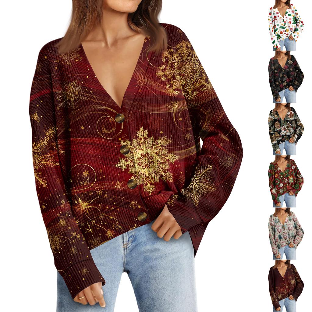 Women's Fashion Long Sleeve Print V-Neck Button Loose Cardigan Top