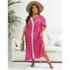 Plus Size Holiday Beach Cover Up Women Hook & Loop Contrast Color Deep V Neck Slit Dress