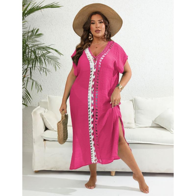 Plus Size Holiday Beach Cover Up Women Hook & Loop Contrast Color Deep V Neck Slit Dress