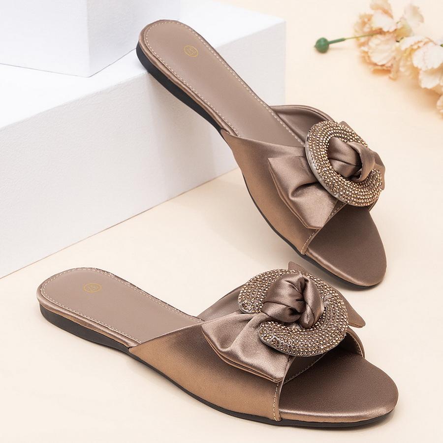 

Women Rhinestone Slide Sandals Outdoor Vacation Comfy Bowtie Satin Fabric Casual Slippers Summer Cool Flat-sole Slippers Sz35-42 43 хакі