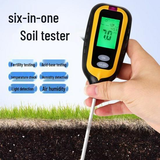 Six-in-One Soil Tester: Moisture, Fertility, Temperature, pH, and Humidity Meter.